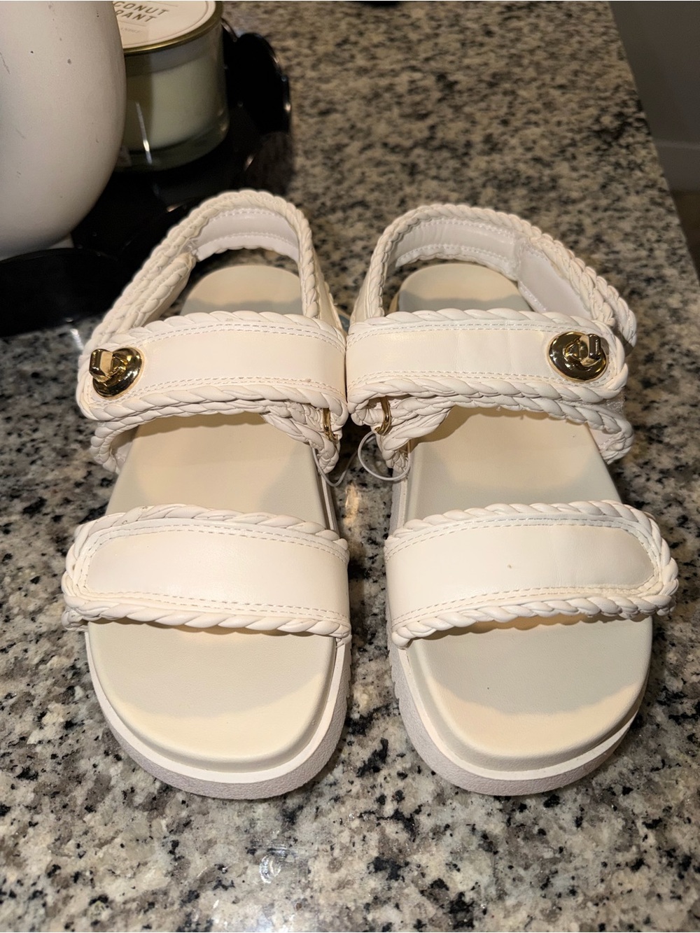 White Braided Strap Sandals with Gold Accent
